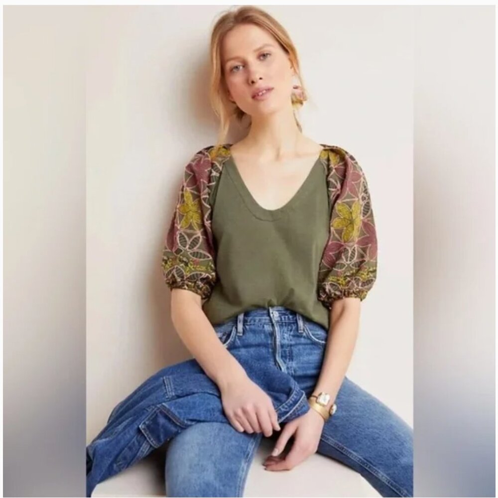 Anthropologie Maeve Bridey Embroidered Puff Sleeve Top Women's XS Olive Green